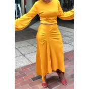 Lovely Casual O Neck Ruffle Yellow Two-piece Skirt