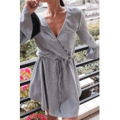 Lovely Sweet V Neck Grey Mini Dress
