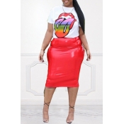 Lovely Casual Lip Printed Red Two-piece Skirt Set