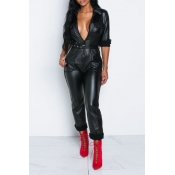 Lovely Trendy Zipper Design Black One-piece Jumpsu