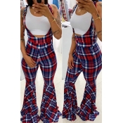 LW Plaid Print Flared Overall Jumpsuit