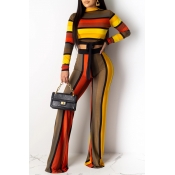 Lovely Casual Striped Knot Design Yellow Two-piece