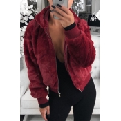 Lovely Casual Hooded Collar Wine Red Coat