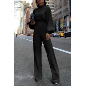 Lovely Casual Puff Sleeves Black One-piece Jumpsui