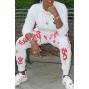 Lovely Casual O Neck Printed White Two-piece Pants