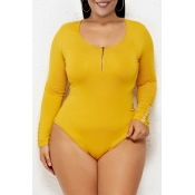 Lovely Casual Zipper Design Yellow Plus Size Bodys