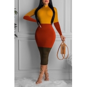 Lovely Casual Color-lump Patchwork Yellow Mid Calf