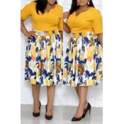 Lovely Casual Patchwork Printed Yellow Mid Calf Pl