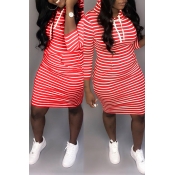 Lovely Casual Hooded Collar Striped Red Knee Lengt