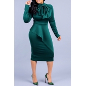 Lovely Work Bow-Tie Green Knee Length Dress