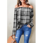 Lovely Euramerican Bateau Neck Grid Printed Black 