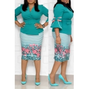 Lovely Casual V Neck Printed Green Plus Size Two-p