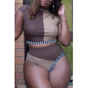 Lovely Patchwork Brown Plus Size Two-piece Swimwea