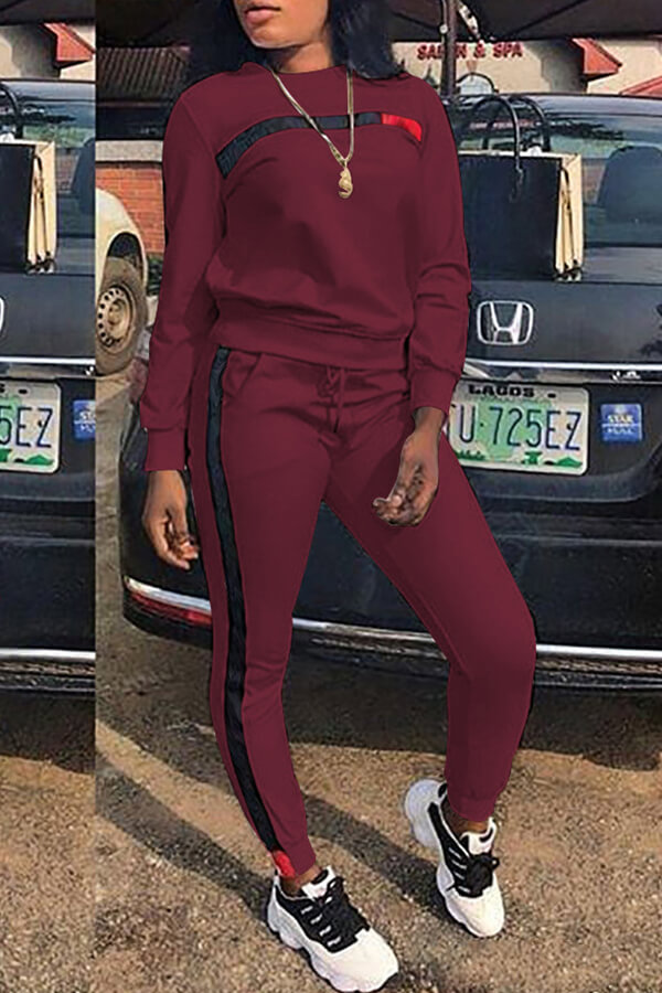 

Lovely Casual Patchwork Wine Red Two-piece Pants Set
