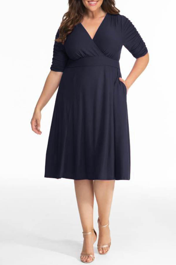 Cheap Plus Size Dress Lovely Casual V Neck Loose Dark Blue Knee Length