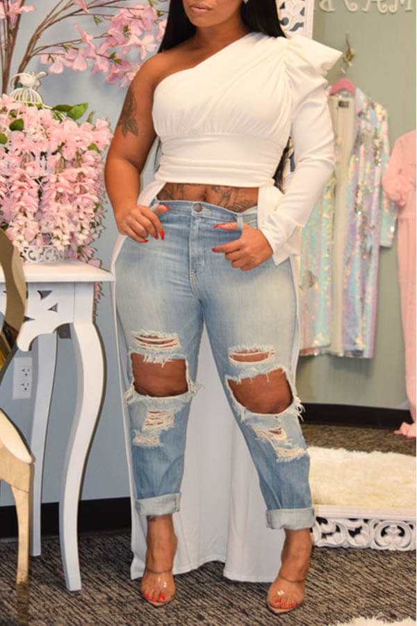 

Lovely Work One Shoulder White Blouse