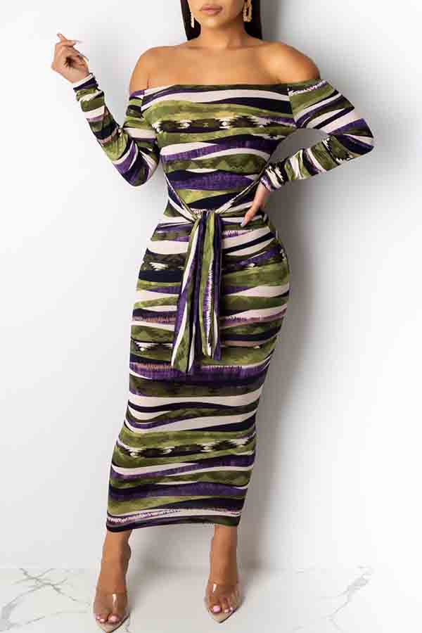 

Lovely Leisure Striped Knot Design Green Ankle Length Dress