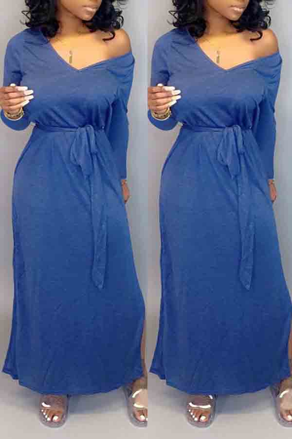 

Lovely Casual V Neck Dark Blue Ankle Length Dress