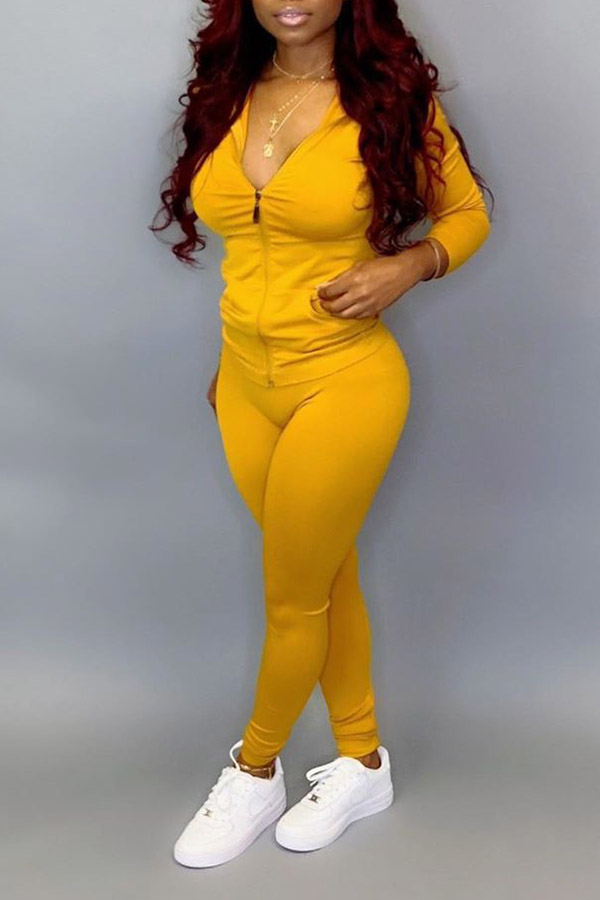 

Lovely Casual Zipper Design Basic Yellow Plus Size Two-piece Pants Set