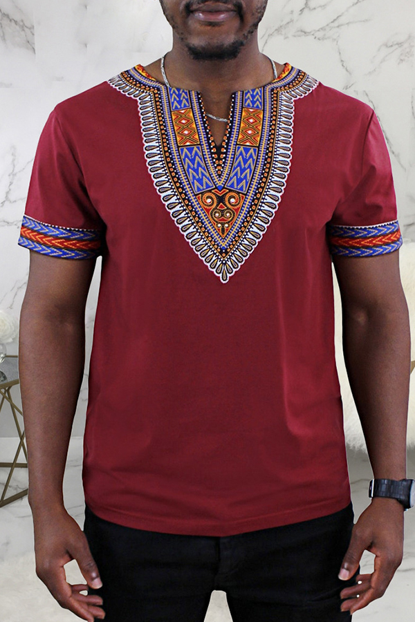 

Lovely Casual Patchwork Wine Red T-shirt