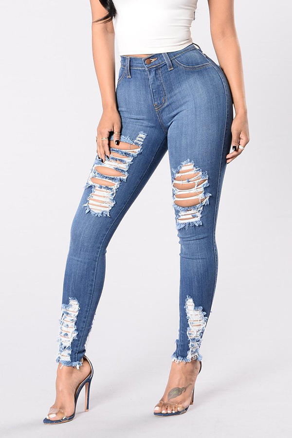 

Lovely Leisure Broken Holes Deep Blue Jeans