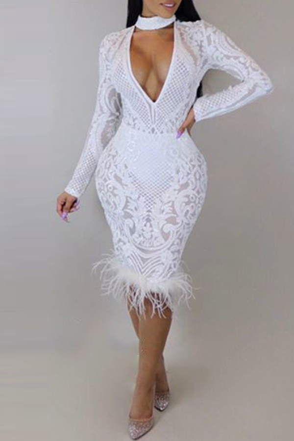 

Lovely Sexy V Neck Patchwork White Knee Length Prom Dress(Without Lining
