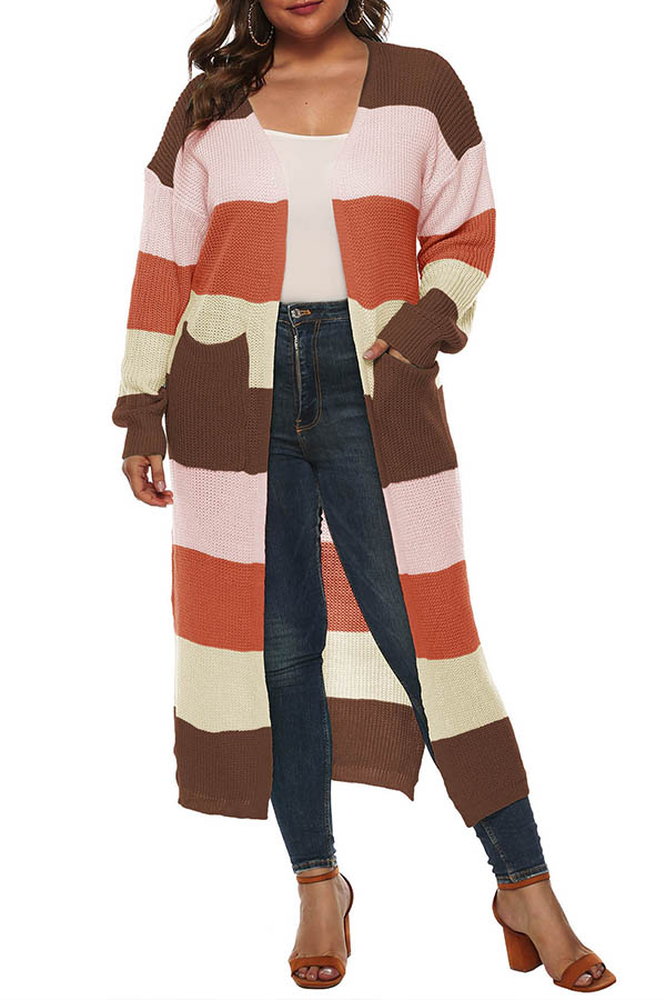 Lovely Casual Patchwork Brown Plus Size Cardigan