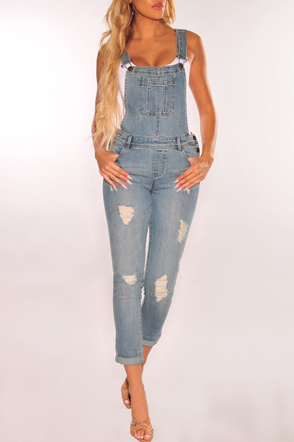 

Lovely Casual Broken Holes Baby Blue One-piece Jumpsuit