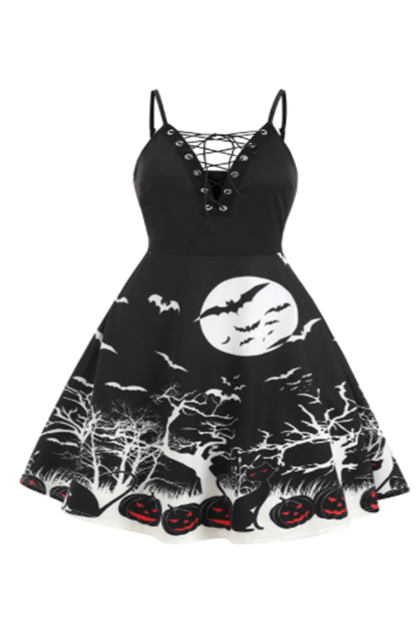 

Lovely Hallowmas V Neck Printed Black Knee Length Dress