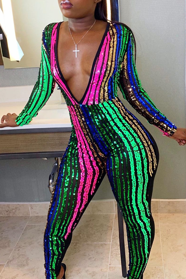 

Lovely Trendy Deep V Neck Skinny Multicolor One-piece Jumpsuit, Multi