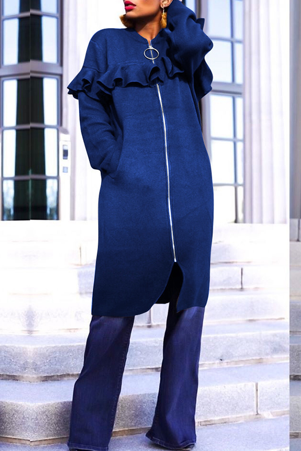 

Lovely Casual Flounce Design Blue Coat