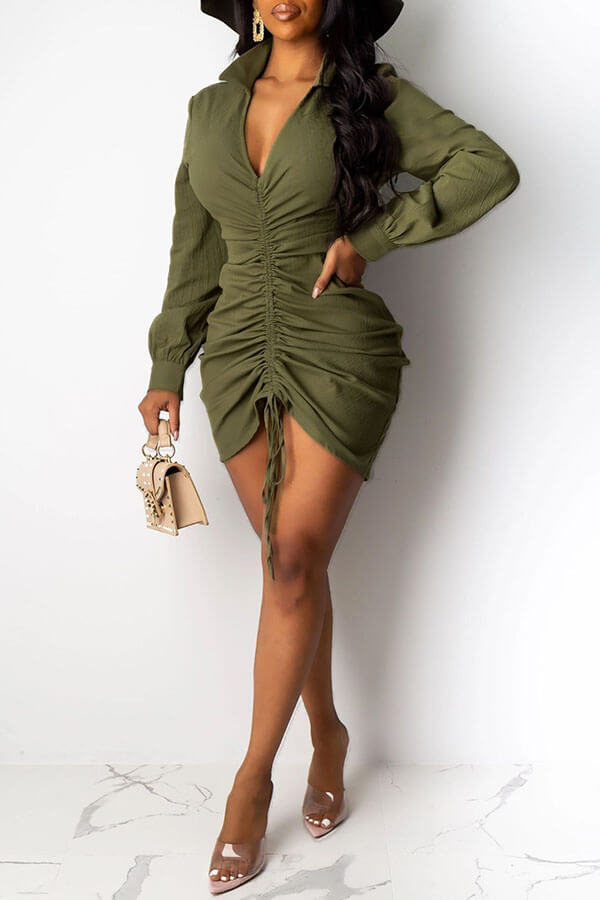 

Lovely Trendy Turndown Collar Ruffle Design Army Green Mini Dress