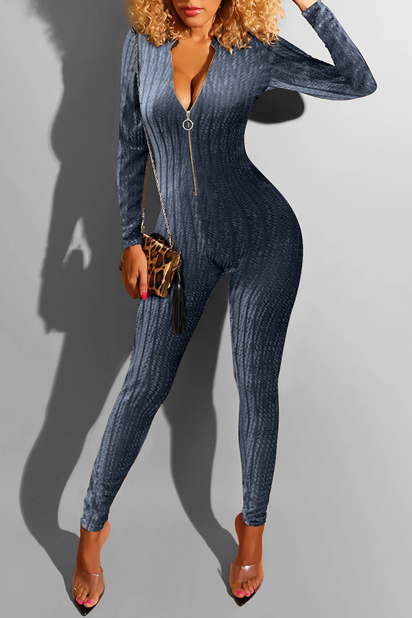 

Lovely Casual Zipper Striped Blue One-piece Jumpsuit