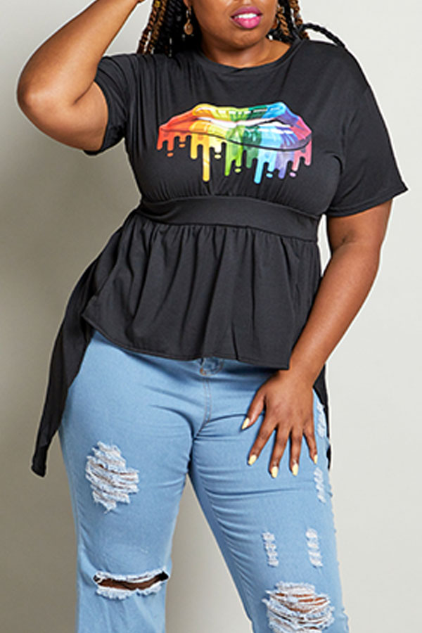 Lovely Casual Lip Printed Black Plus Size T-shirt