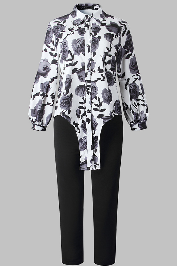 Lovely Casual Floral Printed Black Plus Size Two-piece Pants Set