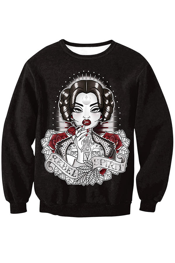 Lovely Casual Printed Black Sweatshirt Hoodie