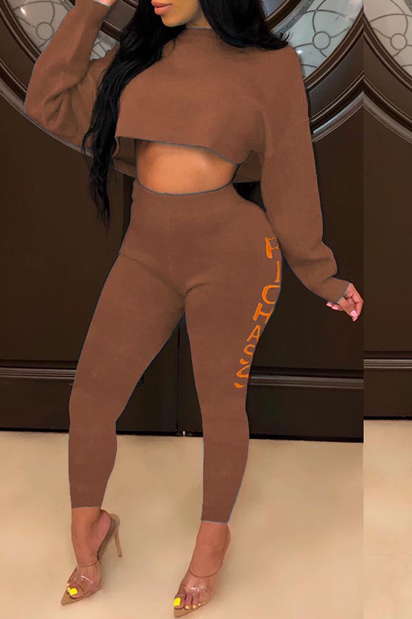 

Lovely Casual Letter Printed Loose Brown Two-piece Pants Set