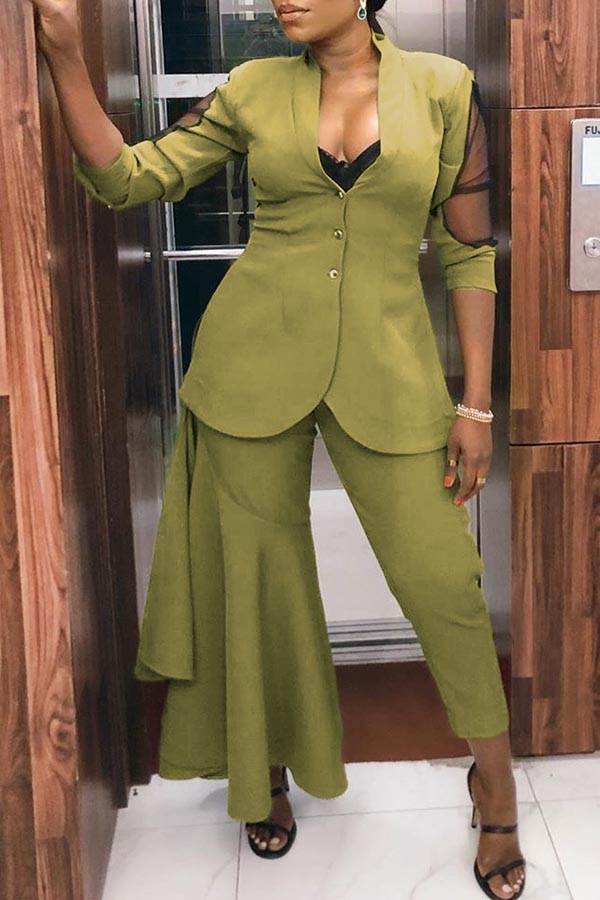 Lovely Work Asymmetrical Green Two-piece Pants Set