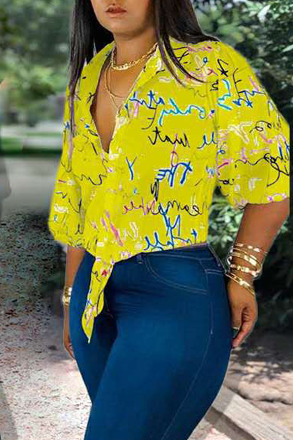 

Lovely Casual Turndown Collar Print Yellow Blouse