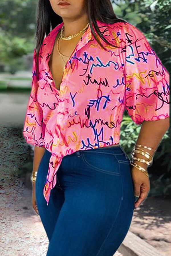 

Lovely Casual Turndown Collar Print Pink Blouse