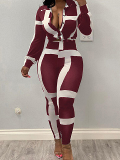 LW Casual Patchwork Red Two Piece Pants Set
