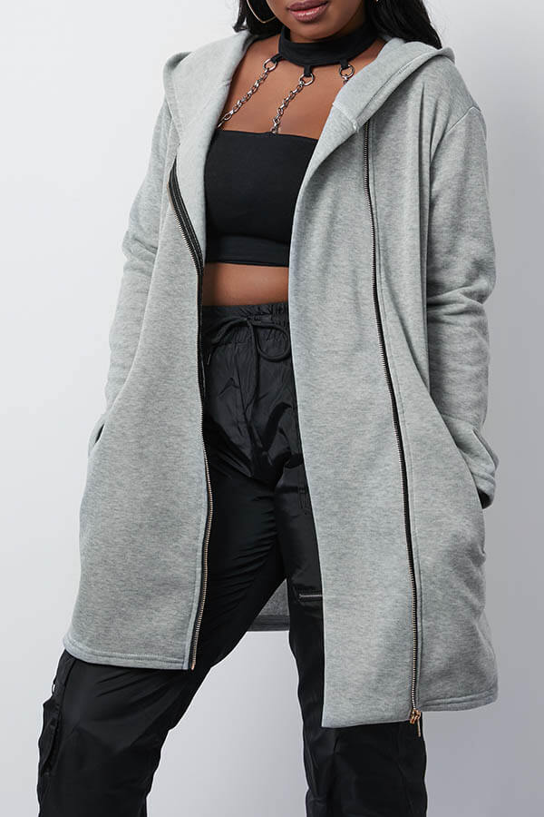Lovely Casual Hooded Collar Zipper Design Grey Coat