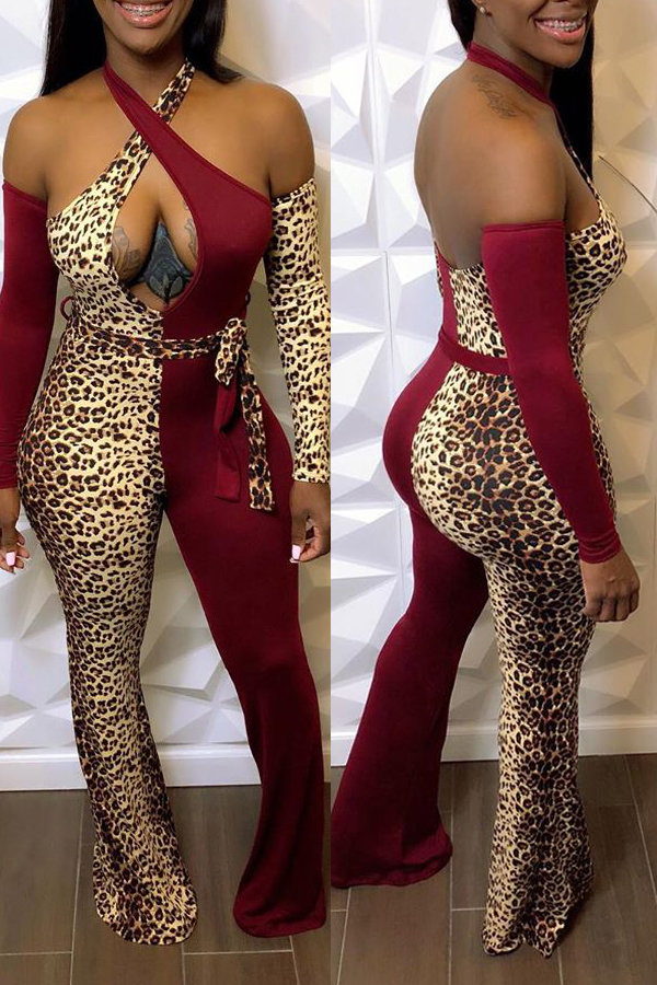 

Lovely Sexy Patchwork Cross-over Design Wine Red One-piece Jumpsuit