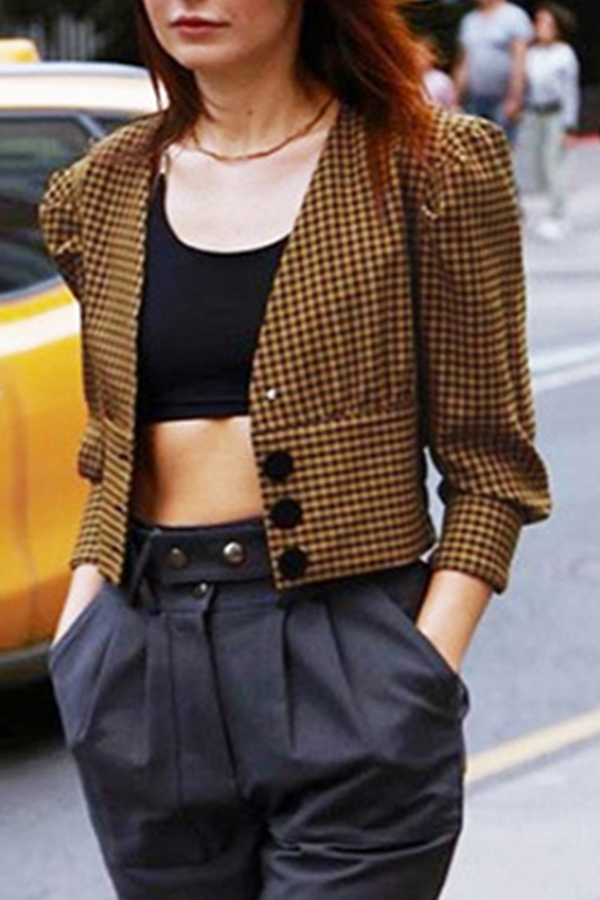 

Lovely Casual Grid Printed Yellow Coat