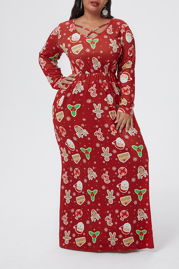 

Lovely Casual V Neck Printed Red Floor Plus Size Dress