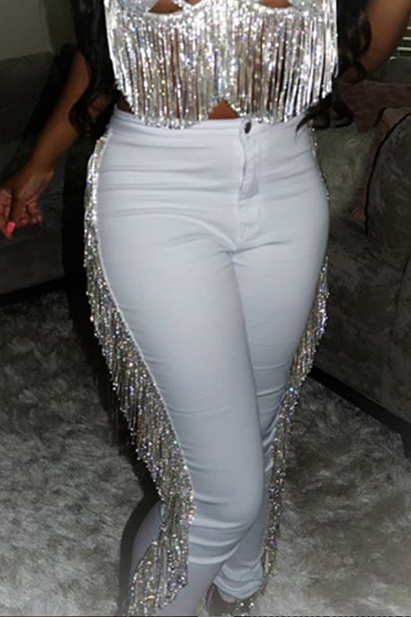 

Lovely Trendy Tassel Design White Pants