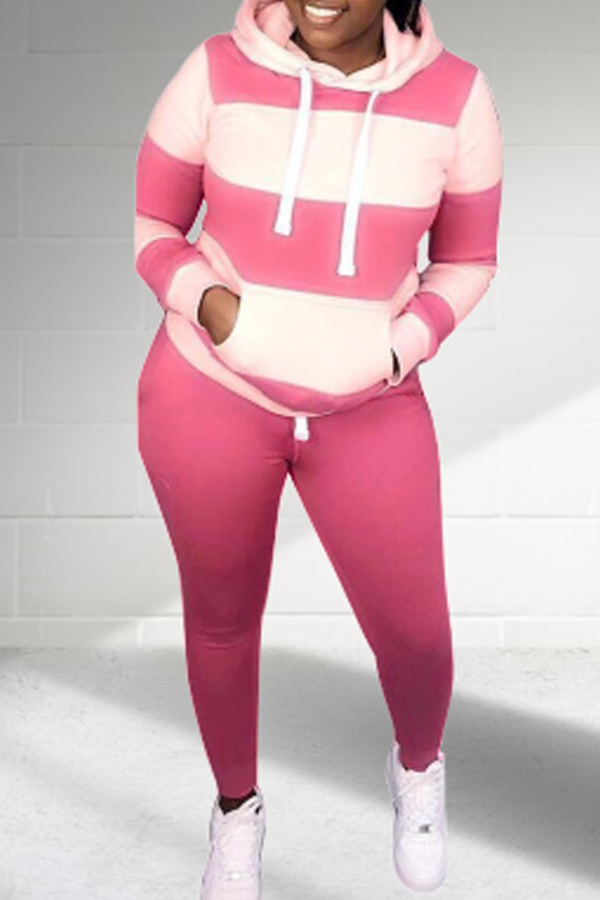Lovely Casual Patchwork Pink Plus Size Two-piece Pants Set