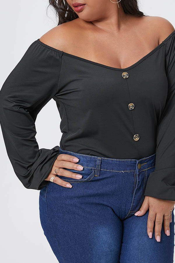 Cheap Plus Size Blouses&Shirts Lovely Casual Buttons Black Plus Size B