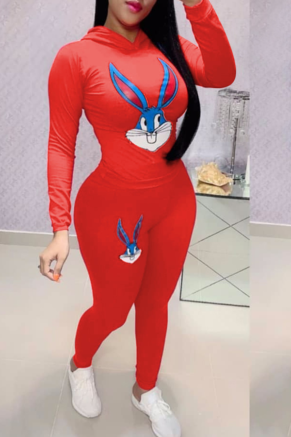 

Lovely Casual Hooded Collar Printed Red Two-piece Pants Set