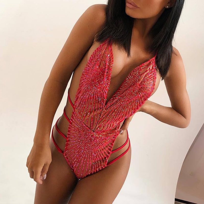 

Lovely Sexy Rhinestone Decorative Red Teddies